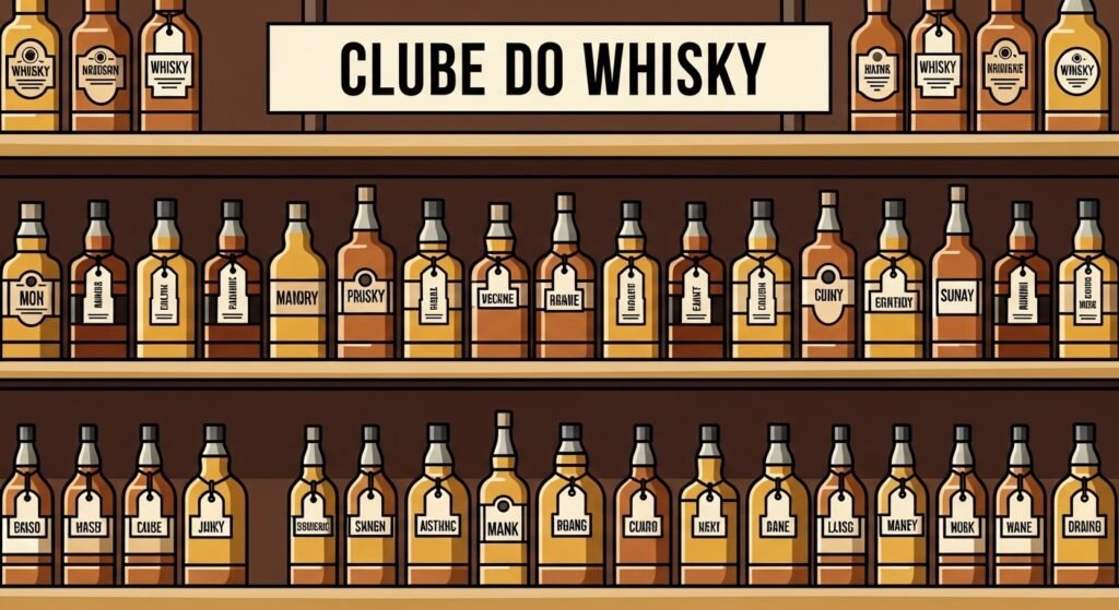 Ilustração de capa de uma prateleira de bar cheia de garrafas lacradas e etiquetadas, representando o clube físico e a fidelidade do cliente.