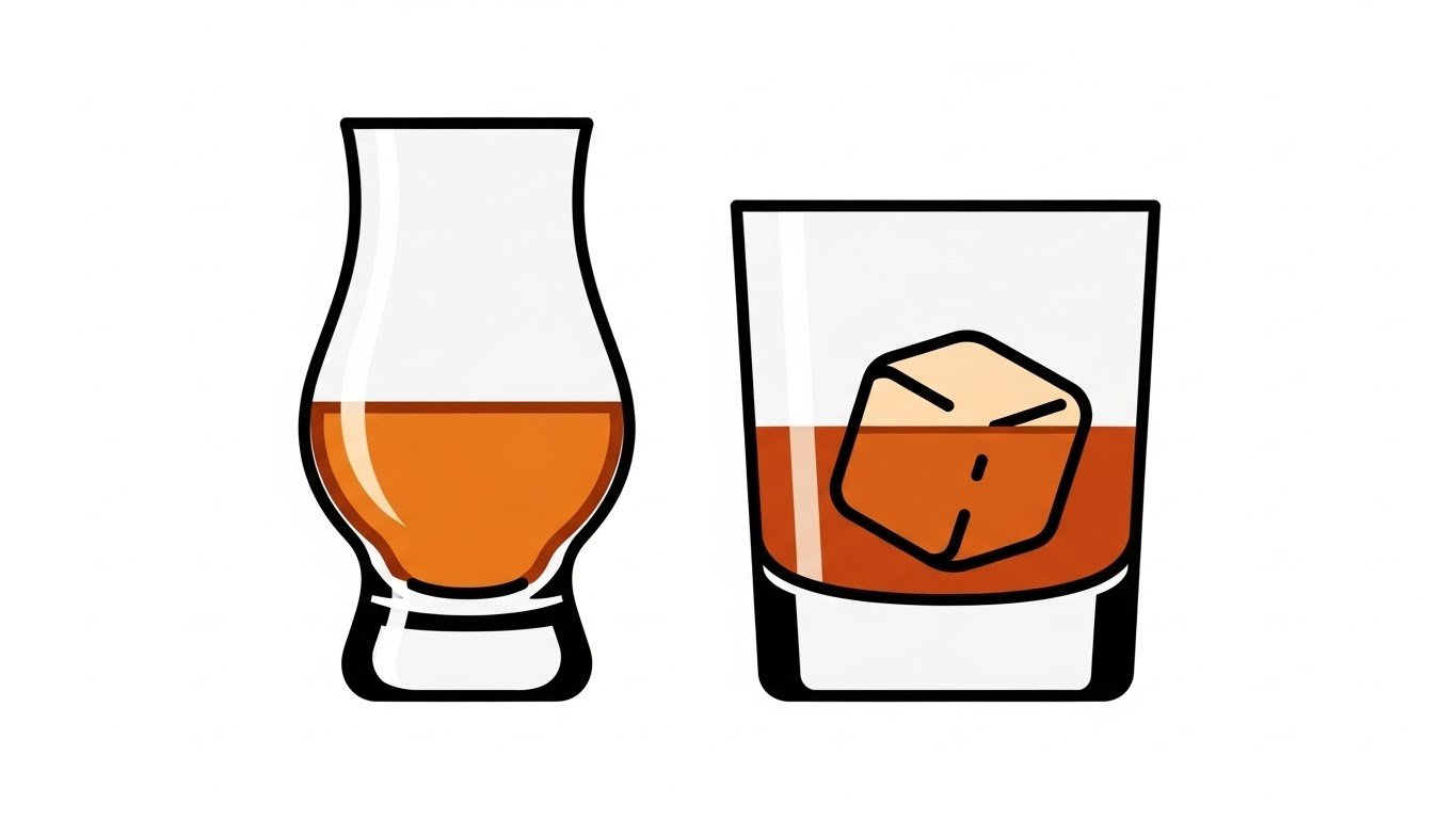 Duas taças em comparação: Glencairn (para análise pura) e Copo Baixo/Rocker (para gelo/social), representando a ferramenta ideal para cada momento.
Duas técnicas de serviço: um copo com uma esfera de gelo grande (diluição lenta) e um copo com um conta-gotas de água (abertura de aroma), representando as 3 formas de servir.
