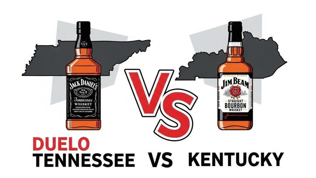 Ilustração de capa das duas garrafas separadas por um "VS", simbolizando o confronto entre as duas regiões produtoras de whiskey americano.