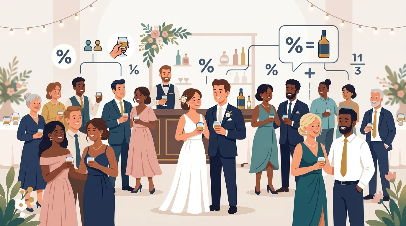 Convidados de casamento com copos de whisky e percentuais indicando quantos deles bebem