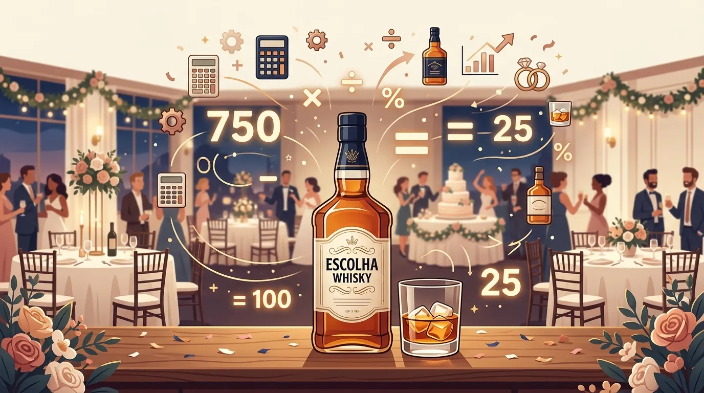 Garrafa de whisky e copo com gelo cercados por calculos de doses e garrafas para casamento