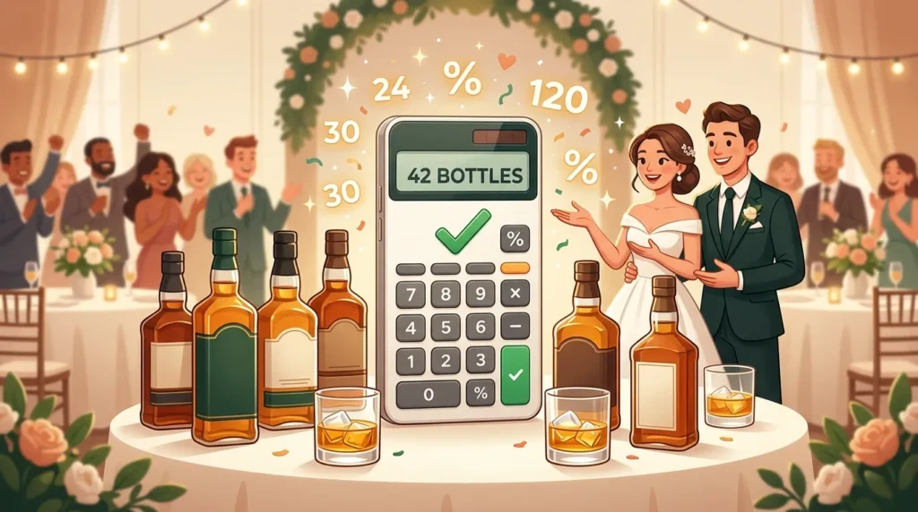 Calculadora exibindo o total de garrafas ao lado de noivos e garrafas de whisky na mesa do casamento